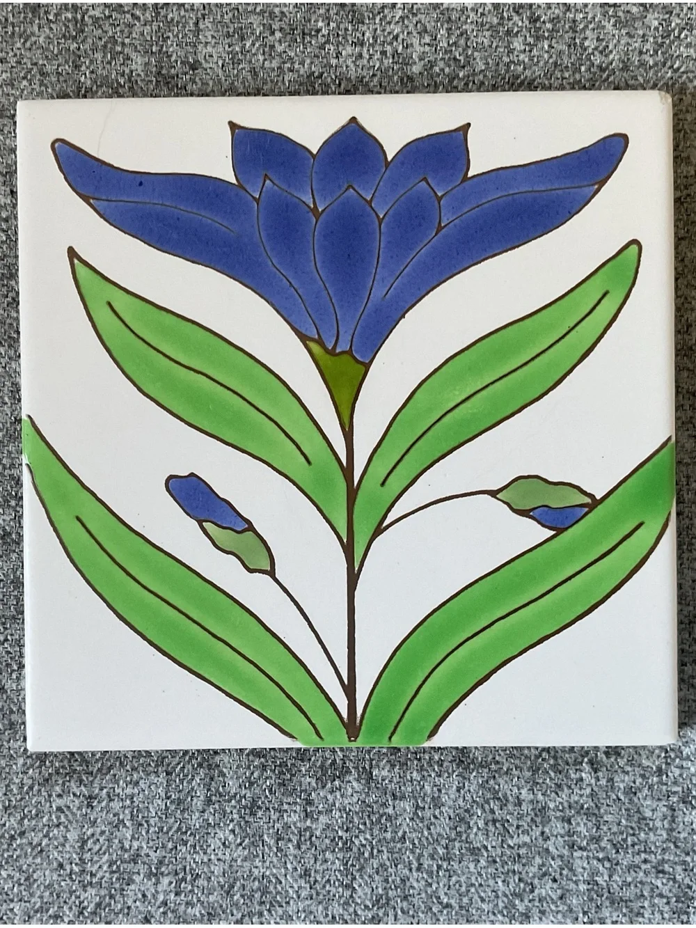 Vintage Besheer Art Tile Stylized Blue Flower Hand Painted Trivet/Wall Hanging
